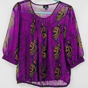 Mossimo Sheer Purple Black Gold 3/4‎ sleeve Pullover Blouse Top Size Medium